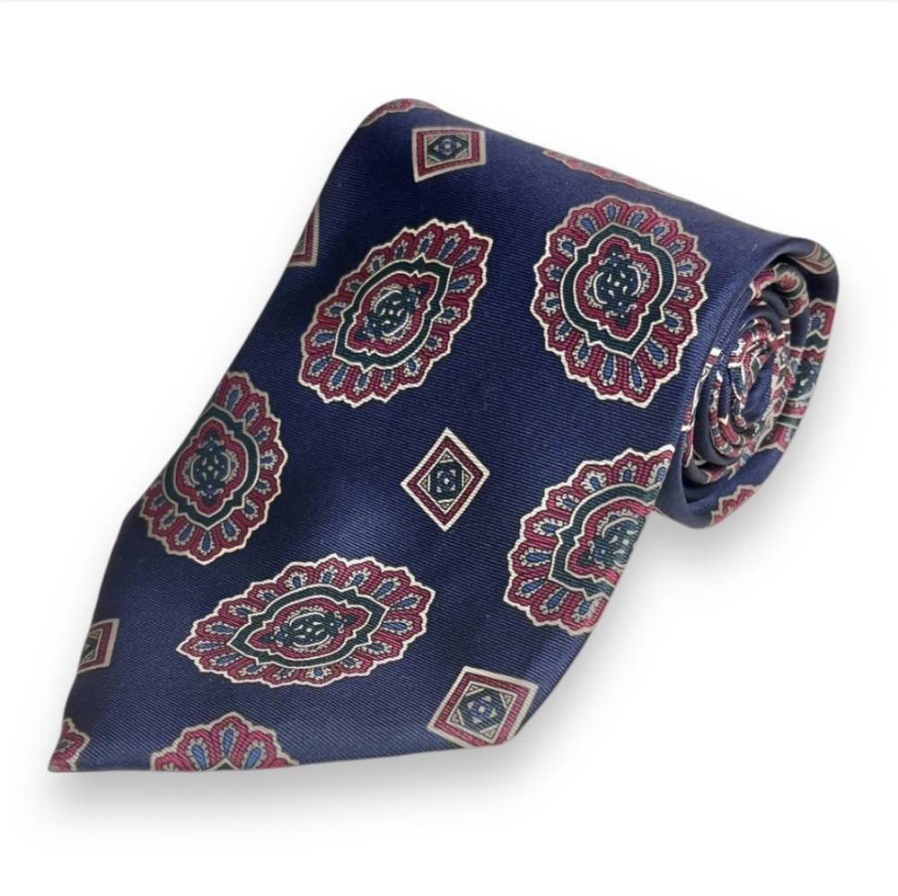 CHRISTIAN DIOR Tan & Dark Red Medallion Print Silk Tie VINTAGE